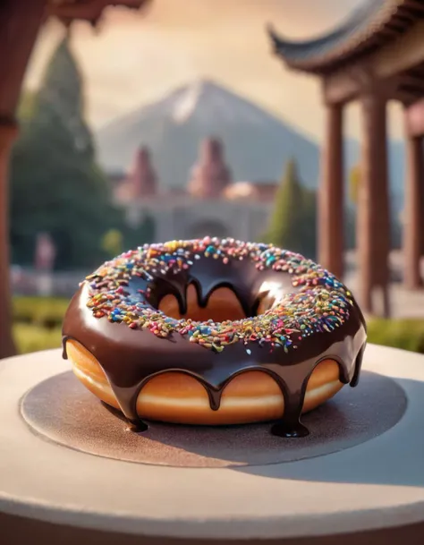-Bit Visionary chocolate doughnut, near Amphitheater, Bokeh, Masterpiece, Peaceful, Surrealism Art, F/8, trending on CGSociety, (art by Zeng Chuangxing:1.3) ,art by Georges Lemmen