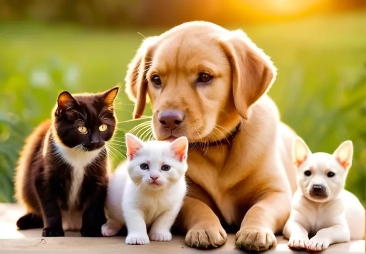 Lovely Pet photo masterpiece, cat, Dogs, Puppy , lizards, snakes, chickens, panda, tigers, large bug, Hippo, spiders all posing in a well composed photo, Golden hour, cute homes, golden ratio, interesting visually background, happy, upbeat, vivid clean images photo