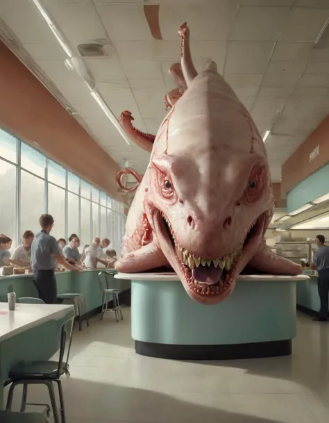 Renderman, shot from side of a Friendly Leviathan of Celebration, Butcher, inside of a cafeteria, Illustration, Satisfying, (art by Amy Judd:0.9)