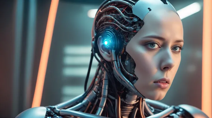 a close up of a person wearing a robot costume, cyberpunk art, by Adam MarczyÅski, shutterstock, cyborg in the data center, uncanny valley, cinematic beeple, stock photo, man with thin lines on the face, ultron, ai startup, full portrait of electromancer, machine learning, covered in circuitry