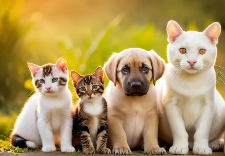 Lovely Pet photo masterpiece, cat, Dogs, Puppy , lizards, snakes, chickens, panda, tigers, large bug, Hippo, spiders all posing in a well composed photo, Golden hour, cute homes, golden ratio, interesting visually background, happy, upbeat, vivid clean images photo