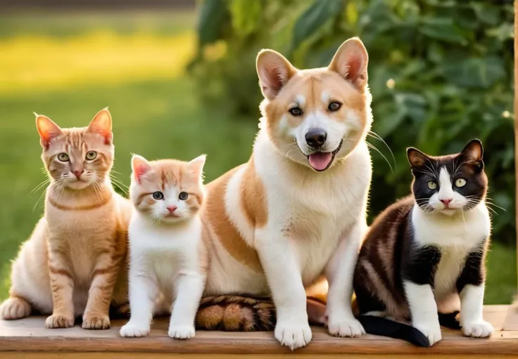Lovely Pet photo masterpiece, cat, Dogs, Puppy , lizards, snakes, chickens, panda, tigers, large bug, Hippo, spiders all posing in a well composed photo, Golden hour, cute homes, golden ratio, interesting visually background, happy, upbeat, vivid clean images photo