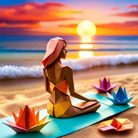 origami style a woman on the beach, lost in thought. In the background is a group of people partying on the beach. Highly detailed sunset, colorful clouds, and light reflected in the water, dark theme. vibrant colors, nostalgic, charming, fun <lora:nudify:1> . paper art, pleated paper, folded, origami art, pleats, cut and fold, centered composition