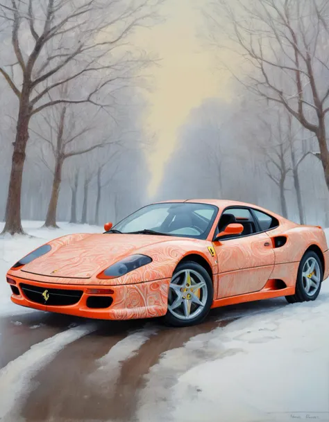 [ (art by Robert Gillmor:1.2) |art by Charles Dwyer], Pencil painting, masterpiece, fairy tale, Dutch angle shot of a Desperate Ferrari, fluorescent patterns, Winter, Peaceful, Abstract Art, macro lens