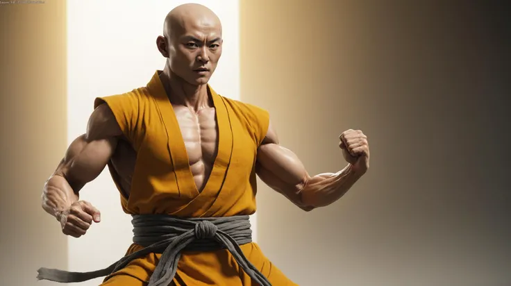 award wining professional full body portrait of muscular Chinese monk like tenshinhan dragon ball Z style, Chinese ancient style, kung-fu stance, tanned sweat realist detailed skin,( kesa orange robe, necklace Mala:1.4), black and gray tones, imminent fight,angry detailed face, ki, (clenched fists radiate yellow light from within, transparent fist skin, veins, bones:1.6),( power aura, aura of power, distorted air around him:1.6), motion blur, shot, photo realism, Moviel, Film Still, Cinematic, Cinematic Shot, Cinematic Lighting, forgotten Buddhist temple background, high cold, crazy details, movie graitra high definition, cg rendering, volume lighting, unreal engine, <lora:JuggerCineXL2:1>