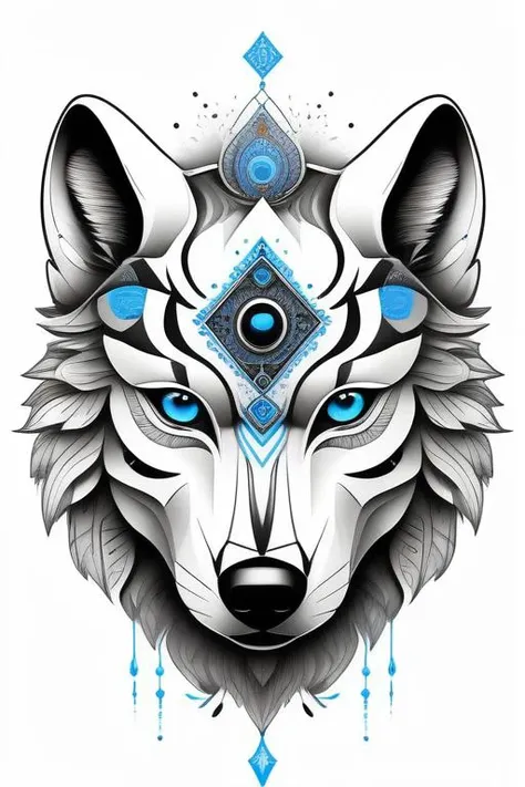 tattoo lineart, black and white, (minimalistic:1.1)
fantasy wolf head with bright blue eyes, looking at viewer
indian ornamtens, shaman decorations, (black particle effects:1.3), (black (geometric) symbols)
white background