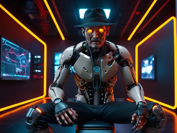 cyberpunk style, (SFW:1.331), solo, 1man, face up, looking down, (mechanical joints, mechanical arms:1.3), Freddy_Krueger (A_Nightmare_on_Elm_Street) as netrunner wearing a dark worn-out-looking Fedora hat, raising up his hands with Bladed glove, sitting in a dark room with neon screen wall, hacking the computer network and people's dream, 
extremely slim body, (extremely burned scared skin), many neon fine lines connect to his fingers from wall, wires and cables are connect to body,
(indoors:1.3), hightech cyberpunk style data center background,
(unreal engine), ray tracing, dynamic light, godrays, reflections, from below angle, 
hyper detailed, high quality, <lora:add-detail-xl:1> , neon, dystopian, futuristic, digital, vibrant, detailed, high contrast, reminiscent of cyberpunk genre