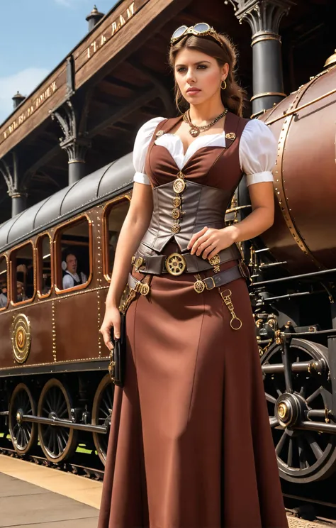 Steampunk style, Photorealism <lora:BettySpencerSDXL-000008:1>, BettySpencerSDXL wearing a leather steampunk maxi-dress, a steampunk train station, masterpiece, award winning photo, ultra detailed, Photorealism, often for highly detailed representation, photographic accuracy, or visual illusion., antique, mechanical, brass and copper tones, gears, intricate, detailed