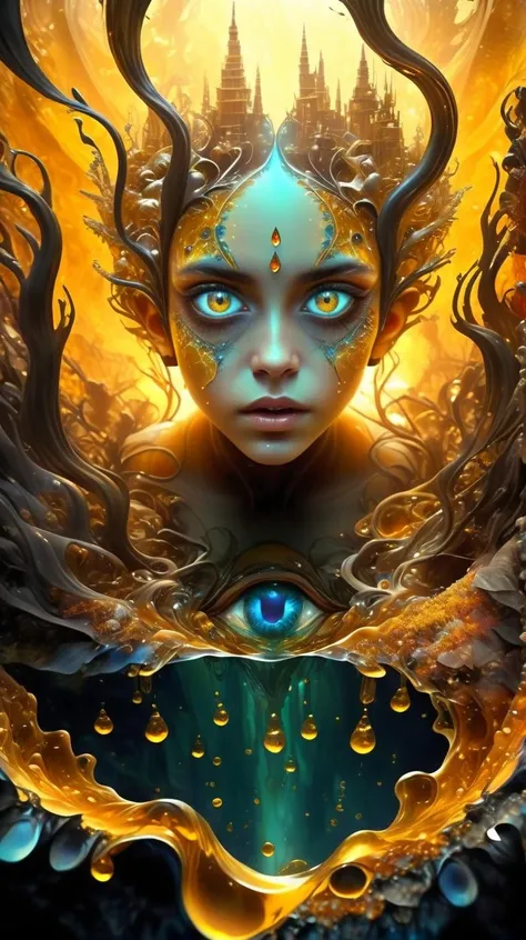 fracolor In the depths of the amber, a dark and mysterious world unfolds, where a surreal girl with eyes of liquid gold wanders, lost in the amber's enigmatic dreamscape <lora:fracolor:1>