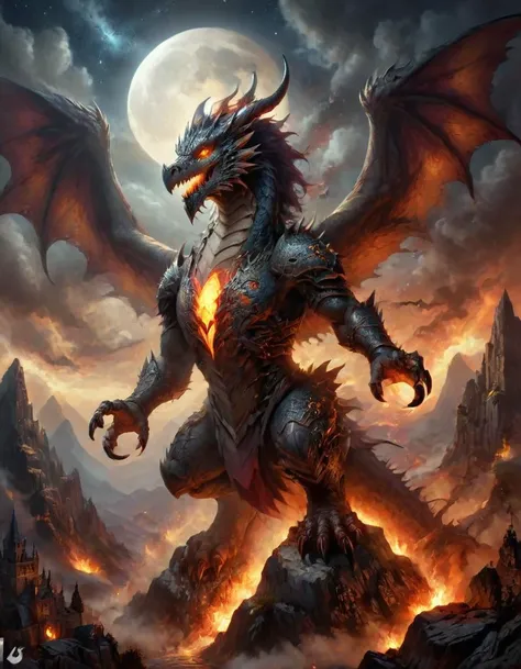 ethereal fantasy concept art of  an ancient, powerful dragon standing on the peak of a mountain, surrounded by a range of rugged, towering mountains. The dragon is breathing fire, with flames bursting from its massive jaws, illuminating the night sky. Its scales are thick and rough, with a dark, metallic sheen, and its wings are spread wide, casting a shadow over the landscape. Below, in the valley, a medieval village is nestled among the hills, with stone houses, narrow streets, and a castle in the distance. The scene has a fairy-tale atmosphere, with a mystical, ancient feeling, as the fire from the dragon contrasts with the soft glow of the moon and stars. The overall tone is both awe-inspiring and foreboding, capturing the might and majesty of the dragon in a magical, medieval world . magnificent, celestial, ethereal, painterly, epic, majestic, magical, fantasy art, cover art, dreamy, dark and unsettling dream showing an ancient, powerful dragon standing on the peak of a mountain, surrounded by a range of rugged, towering mountains. The dragon is breathing fire, with flames bursting from its massive jaws, illuminating the night sky. Its scales are thick and rough, with a dark, metallic sheen, and its wings are spread wide, casting a shadow over the landscape. Below, in the valley, a medieval village is nestled among the hills, with stone houses, narrow streets, and a castle in the distance. The scene has a fairy-tale atmosphere, with a mystical, ancient feeling, as the fire from the dragon contrasts with the soft glow of the moon and stars. The overall tone is both awe-inspiring and foreboding, capturing the might and majesty of the dragon in a magical, medieval world. best quality, high resolution. created by genius but depressed mad artist. grim beauty, picture from really bad dream about terrifying an ancient, powerful dragon standing on the peak of a mountain, surrounded by a range of rugged, towering mountains. The dragon is breathing fire, with flames bursting from its massive jaws, illuminating the night sky. Its scales are thick and rough, with a dark, metallic sheen, and its wings are spread wide, casting a shadow over the landscape. Below, in the valley, a medieval village is nestled among the hills, with stone houses, narrow streets, and a castle in the distance. The scene has a fairy-tale atmosphere, with a mystical, ancient feeling, as the fire from the dragon contrasts with the soft glow of the moon and stars. The overall tone is both awe-inspiring and foreboding, capturing the might and majesty of the dragon in a magical, medieval world, true horror. bone-chilling vision. mad world that shouldn't exist. best quality, high resolution