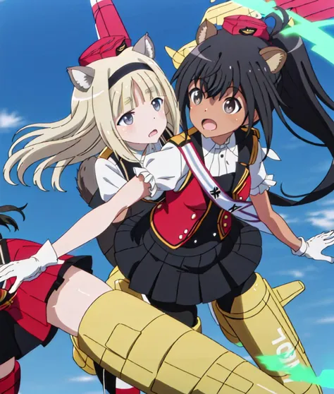 Manaia, Maria, aniscreen, 2girls, beautiful eyes,
animal ears, black pantyhose, black skirt, dark-skinned female, dark skin, facing another, gloves, multiple girls, pantyhose, puffy short sleeves, puffy sleeves, short sleeves, skirt, sleeveless, squirrel ears, squirrel tail, striker unit, tail, white gloves, red clothes
<lora:world_witches_LW-step00140000:1>