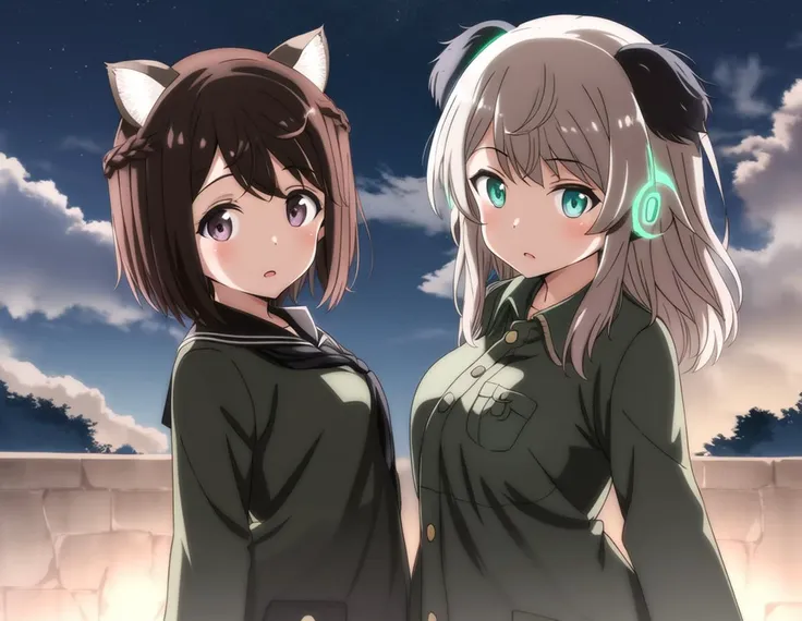 ginny, Shibuya inori, 2girls, yuri, military uniform,    sky, clouds, light,  animal ears, earphones, night, facing front, straight-on,   looking at viewer, 
 <lora:world_witches_LW-step00080000:1>