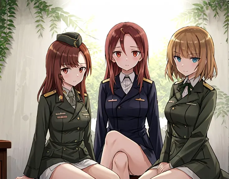 Gracie, minna, Gundula Rall, 3girls, garrison cap, military uniform, white background, sitting, plants, wallpaper, plants
AND
Gracie, 3girls, garrison cap, looking at viewer, plants
AND
minna, 3girls, looking at viewer, cross one' legs, plants
AND
Gundula Rall, 3girls, looking at viewer,
<lora:world_witches_LW-step00120000:1>