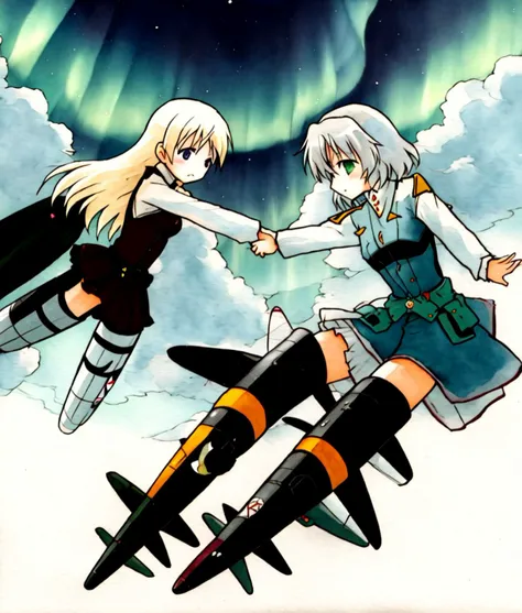 ((Eila, Sanya)), 2girls, yuri, sky, flying , couple, long hair, short hair, aurora, striker unit, kawa; traditional media
<lora:world_witches_LW-step00120000:0.95>
