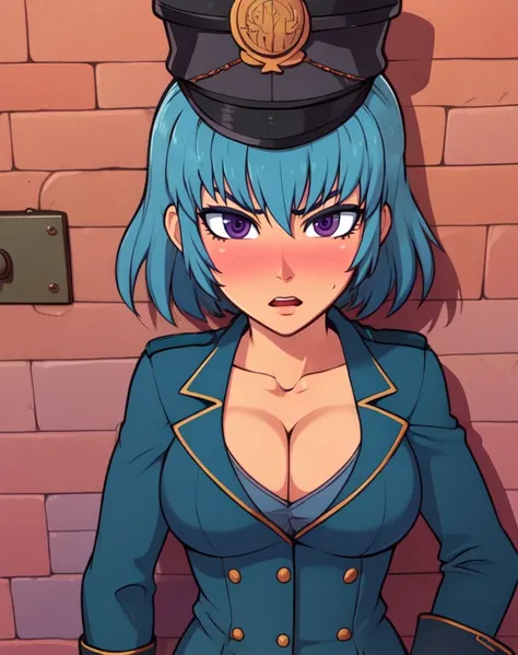 Krissha,blue hair,purple eyes,
standing,upper body,
long sleeves,blue military uniform,hat,cleavage,blush,
serious,
front gate,fantasy,wall,
(insanely detailed, beautiful detailed face, masterpiece, best quality),solo,<lora:KrisshaF:0.8>,