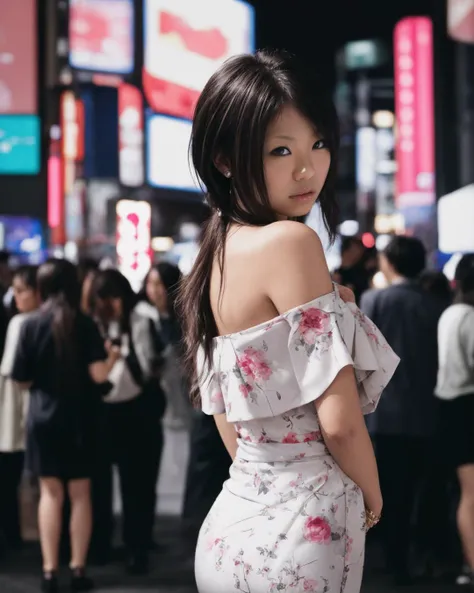 soft_light, (Masterpiece: 1.5), (Best Quality: 1.5), High Resolution, High Detail, sfw (Japanese MILF beauty, slanted Asian eyes:1.35), Solo, Skin Highlight, Sharpen, Clear, straight hair, ponytail, multicolored blond hair, Jewelry, bracelet, earrings, pale skin, smile, shopping in crowded plaza street, (wearing naked towel, flat_chested, thighs, freckles)