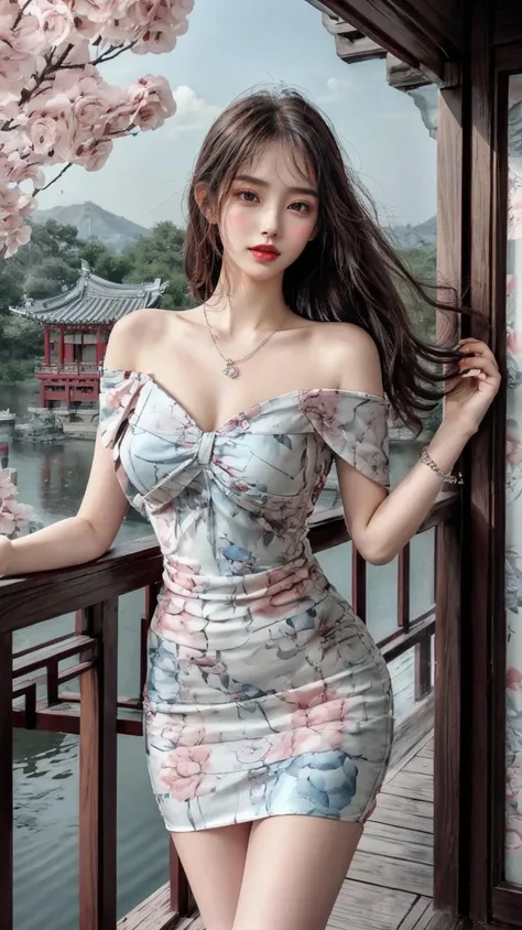 (best quality),[masterpiece],((beautiful:0.75) cute girl:0.75),long hair,knees up,necklace,jewelry,standing,looking at viewer,front lens,(floral background:1.2),ancient Chinese town,ancient Chinese building,dusk,sunshine,chinese garden,
<lora:add_detail:0.8>,
<lora:Elegant mature clothing4:0.75> print dress,off shoulder,