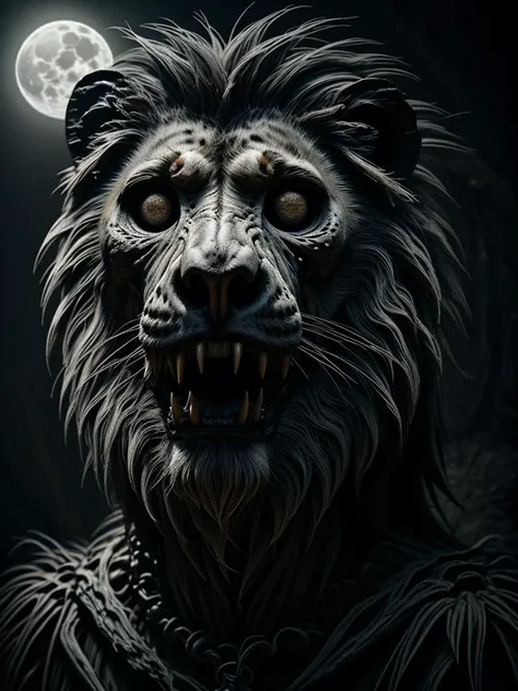 zkeleton lion, closeup, creepy, A luminous moon spirit, with silvery trails, hovering over a tranquil night landscape, <lora:ral-zkeleton:1>, <lora:LCM_LoRA_Weights_SD15:1>