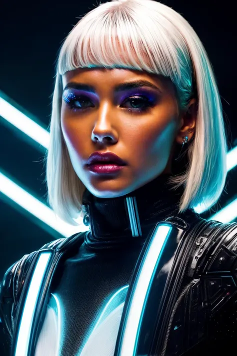 mdb in cyber neon lighting, futurism, intricate futuristic jewelry accessories, cyberpunk glossy white latex turtleneck, hyper photorealistic, crispy quality, digital photography, trending in artstation, trending in pinterest, cinematic, 4 k ultra hd, art by pascal blanche, art by greg rutkowski, <lyco:MadisonB-RealVision-V1.0:1.0>