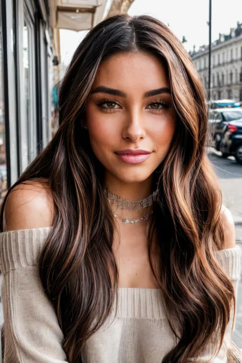 mdb piercing eyes, looking straight, very happy,long hair, wearing an off-shoulder sweater, choker, closeup portrait, in a outdoor cafe in 2015, afternoon light, <lyco:MadisonB-RealVision-V1.0:1.0>