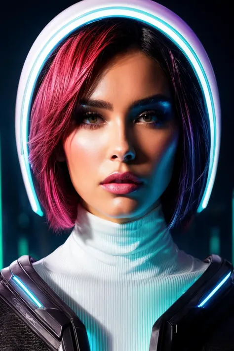 mdb in cyber neon lighting, futurism, intricate futuristic jewelry accessories, cyberpunk glossy white latex turtleneck, hyper photorealistic, crispy quality, digital photography, trending in artstation, trending in pinterest, cinematic, 4 k ultra hd, art by pascal blanche, art by greg rutkowski,  <lyco:MadisonB-RealVision-V1.0:1.0>