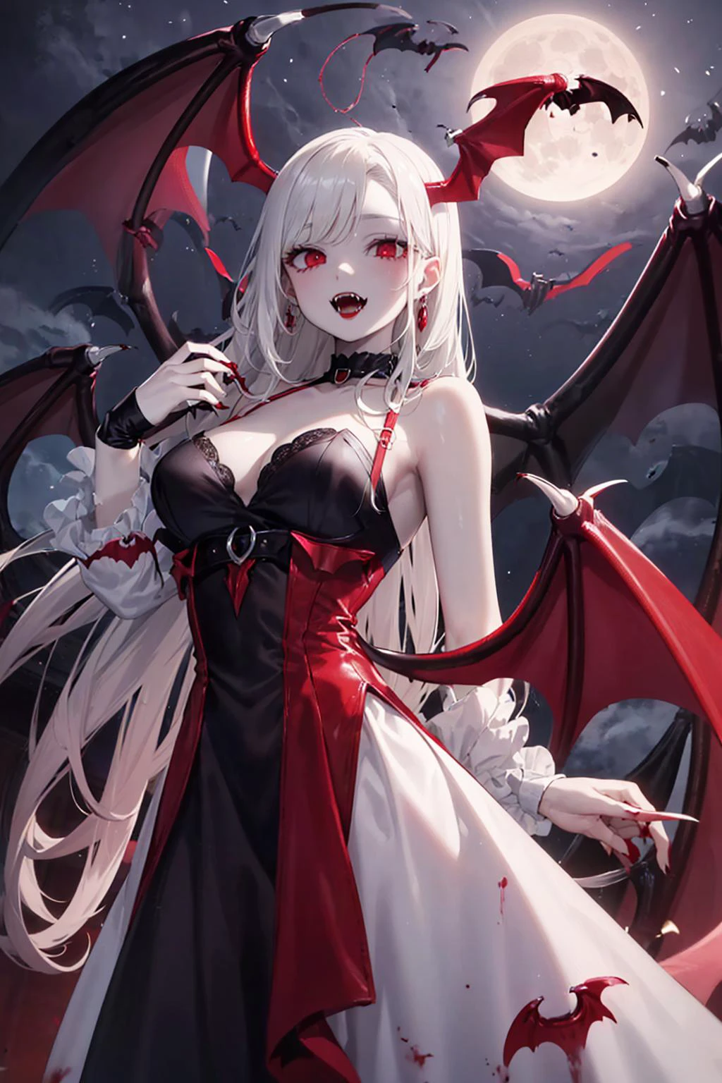 fangs, (vampire:1.5), (long hair), (dark lipstick), (red eyes), (pale skin), (elegant dress), (nighttime), (moonlight), (blood:1.5), (seductive expression,