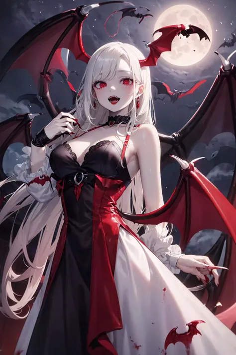 fangs, (vampire:1.5), (long hair), (dark lipstick), (red eyes), (pale skin), (elegant dress), (nighttime), (moonlight), (blood:1.5), (seductive expression，
