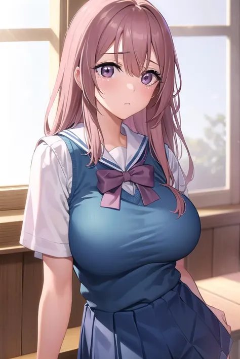 shinjuinui, <lyco:shinjuinuis1-lyco-nochekaiser:1>, 
shinju inui, long hair, pink hair, (pink eyes:1.5), (large breasts:1.2),
BREAK skirt, shirt, bow, school uniform, white shirt, short sleeves, pleated skirt, serafuku, bowtie, sailor collar, vest, blue skirt, sweater vest,
BREAK indoors, classroom,
BREAK looking at viewer, (cowboy shot:1.5),
BREAK <lyco:GoodHands-beta2:1>, (masterpiece:1.2), best quality, high resolution, unity 8k wallpaper, (illustration:0.8), (beautiful detailed eyes:1.6), extremely detailed face, perfect lighting, extremely detailed CG, (perfect hands, perfect anatomy),