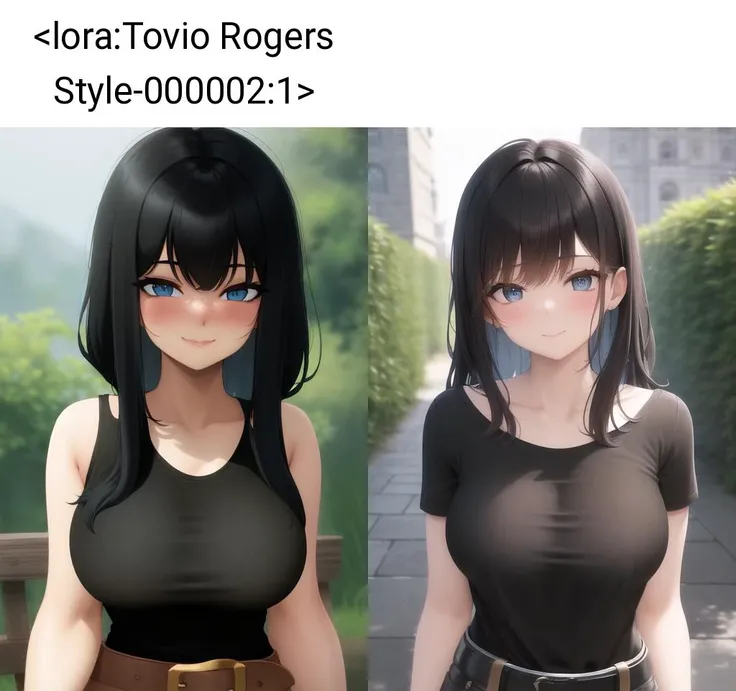 Tovio Rogers style, masterpiece, best quality, 4k, 8k, professional photography, soft light, sharp focus, 1 woman, mature woman, black hair, blue eyes, flowing black hair, bangs, belt, black t-shirt, solo, looking at viewer, blush, smile, closed mouth, collarbone, upper body, outdoors, enchanted castle background, <lora:Tovio Rogers Style-000002:1>