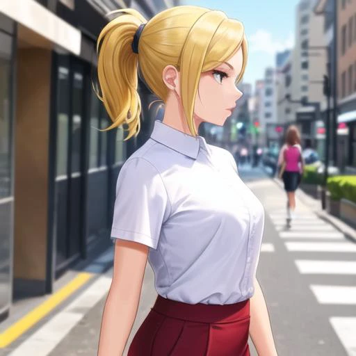 an attractive blonde woman walking down a city street in sfw office clothing, tfft , ponytail, sharp focus
<lora:epoch-000032:1>
best quality, masterpiece, ultra high detail