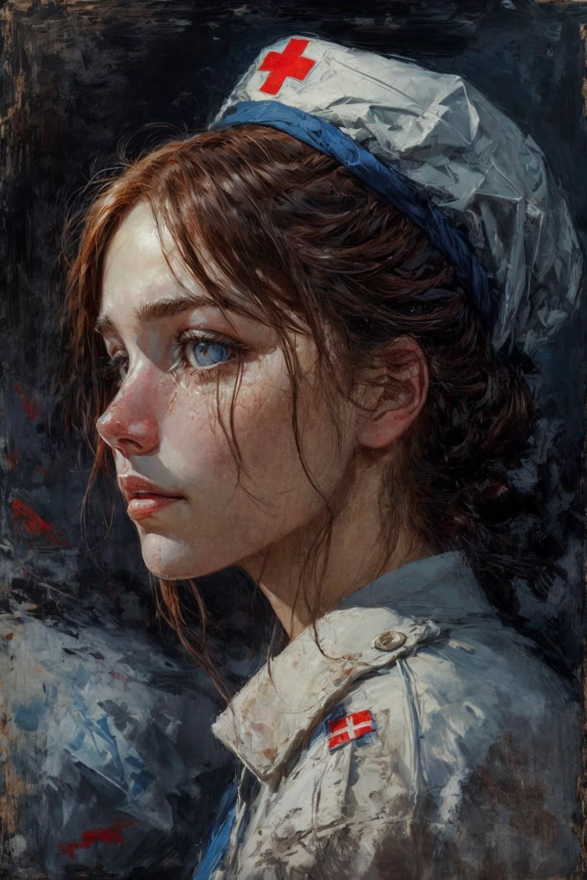 In the midst of the harrowing landscapes of World War I, a field hospital stands as an oasis of compassion amid the chaos of conflict. The scene is painted in the style of Hans Larwin, capturing the raw emotion and vivid details of this pivotal moment in history.
A young nurse, a beacon of hope amidst the darkness of war. Her (slim and slender) figure is enveloped in the traditional uniform of her profession, a stark contrast to the rugged and worn surroundings. Her (auburn hair) peeks out from under her nurse's cap, framing her (delicate face) with an expression of steadfast determination.
The intensity of the moment is palpable in her (gentle blue eyes), which radiate a mix of compassion and resilience as she treats the soldier's injuries. Her (soft lips) convey a sense of reassurance in (warm smile), her presence a source of comfort for those who bear the scars of battle.
The field hospital, nestled in the heart of the war-torn landscape, is a testament to the indomitable spirit of those who offer solace amid the ravages of war. The camera captures the intricate details of the makeshift medical station, from the meticulous arrangements of medical supplies to the dim light filtering through the canvas walls.
Larwin's distinctive brushwork brings to life the textures of the nurse's uniform, the soldier's worn clothing, and the rough canvas cots that serve as beds. The interplay of light and shadow heightens the emotional depth of the scene, with the soft glow of lanterns casting a warm and comforting ambiance amidst the darkness.
As the nurse tends to the soldier, a sense of camaraderie and shared humanity emergesâthe unbreakable bond that forms between those who face the horrors of war together. The authenticity of the moment is captured through the rich layers of detail and the evocative use of color, each stroke of the brush revealing the depth of their connection.
In this scene, Larwin's artistic touch transcends the physicality of the image, reaching into the emotional core of the human experience. The camera's lens captures not just the act of medical care, but the profound impact of compassion and empathy in the midst of the tumultuous backdrop of World War I. <lora:add_detail:0.5> <lora:bichu-v0612:0.5> <lora:detailed_eye:0.7> <lora:Gloomifier_slider_LECO_500w:1>