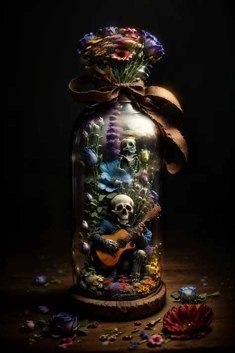 (masterpiece, best quality, ultra detailed), skeleton playing guitar, high detail bones, ribbons, (flowers:1.3), colorful, big jar, decorated jar, flower field,<lora:epi_noiseoffset2.safetensors:0.9:0.9> <lora:style\bottle_locon_v2m.safetensors:0.8:0.8> <lora:style\dreamflower.safetensors:1.0:0.8>