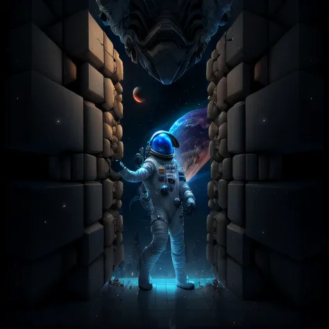 (masterpiece, high detail, best quality, 4k, uhd), astronaut doing handshake, night, ((infinite blocks loop):1.3), spacesuit, galaxy, alien, mirror,