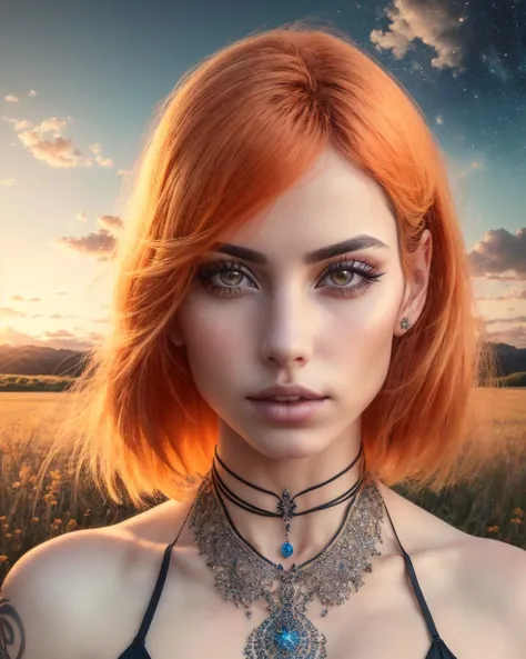 Patrii, testprocessed, a alluring woman standing in a field and a sky background with clouds, (bobcut orange hair), brown eyes, ((focus, sharpen)) sunset, (close up), tape bikini, t, bell chains, (galaxies tattoos:1.2) (mystical makeup)
(realistic skin texture)
(photorealistic:1.2) (extremely intricate), (exquisitely detailed), highly detailed, highres, original, extremely detailed 8K wallpaper, best quality, detailed face, ultra-detailed, (masterpiece, best quality:1.4), (beautiful, perfect, delicate, detailed, intricate, aesthetic:1.2), <lora:Patrii:1> <lora:TB1.5:0.1> <lora:BlaTap3:0.1>