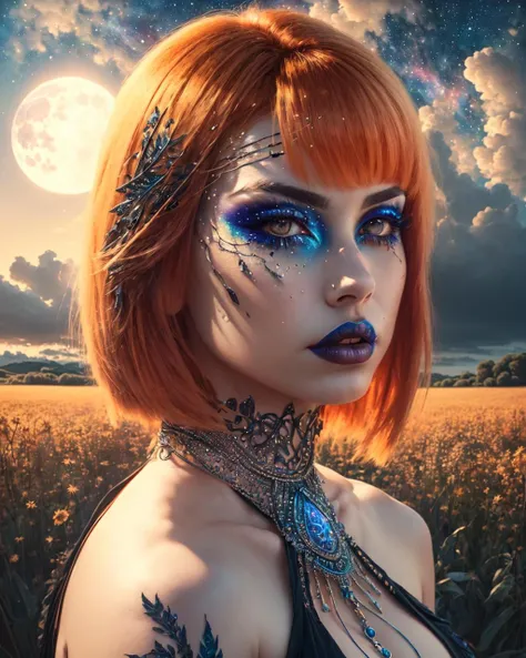 Patrii, testprocessed, a alluring woman standing in a field and a sky background with clouds, (bobcut orange hair), brown eyes, ((focus, sharpen)) sunset, (close up), tape bikini, t, bell chains, (galaxies tattoos:1.2) (mystical makeup:1.5) (moon on sky:1.2)
 (realistic skin texture)
 (photorealistic:1.2) (extremely intricate), (exquisitely detailed), highly detailed, highres, original, extremely detailed 8K wallpaper, best quality, detailed face, ultra-detailed, (masterpiece, best quality:1.4), (beautiful, perfect, delicate, detailed, intricate, aesthetic:1.2), <lora:Patrii:1>  <lora:TB1.5:0.1>  <lora:BlaTap3:0.1>