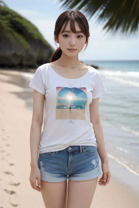 <lora:asami_kondou_obj20:0.3>, full_body, standing, barefoot, t-shirt, shorts, beach, (asami_kondou: 1.3), perfect face, (contact iris: 1.1), pale skin, skin pores , depth of field