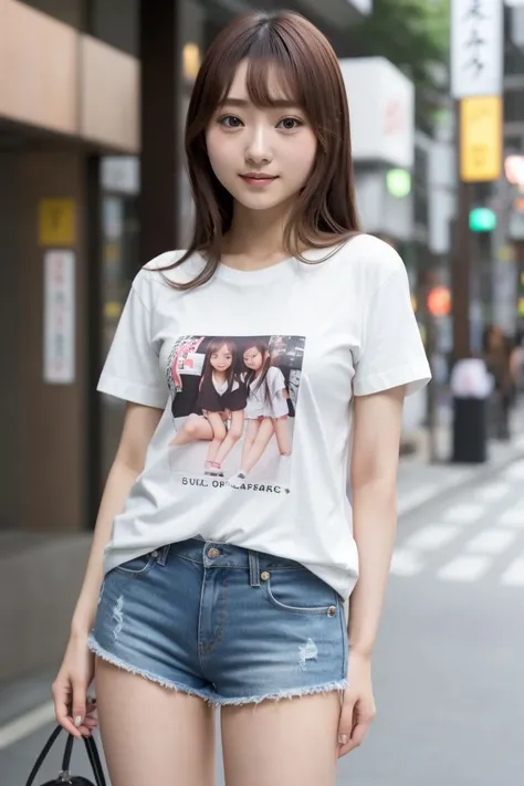 <lora:asami_kondou_obj20:0.3>, full_body, standing, sandals, t-shirt, shorts, shibuya, (asami_kondou: 1.3), perfect face, (contact iris: 1.1), pale skin, skin pores , depth of field