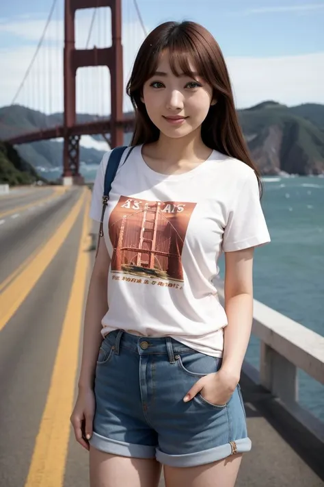 <lora:asami_kondou_obj20:0.3>, full_body, standing, sandals, t-shirt, shorts, golden gate bridge, (asami_kondou: 1.3), perfect face, (contact iris: 1.1), pale skin, skin pores , depth of field