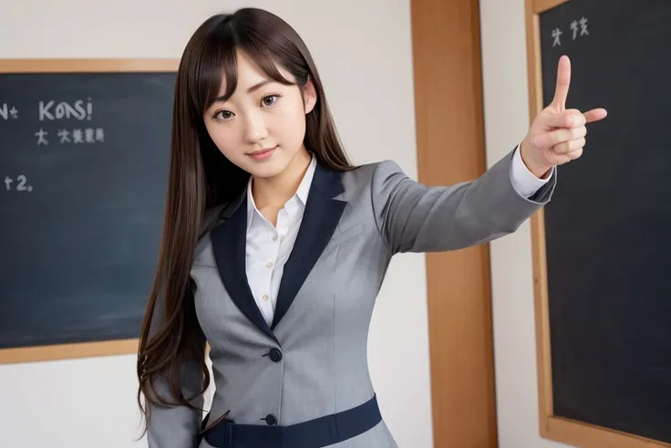 masterpiece, High resolution, Portraiture, highest quality, High resolution,
Realistic, alone, school blazer uniform, School classroom during the day,Smiling and showing beautiful teeth,(Braid),Less exposure、Large Breasts、Very young face、Small woman、A blazer uniform that reveals the shape of the breasts