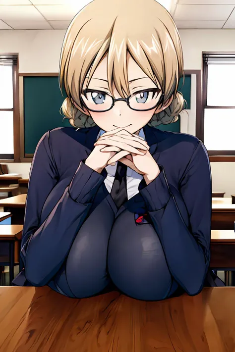 masterpiece, best quality, 1girl, solo, girls und panzer, darjeeling,blue eyes, arge breasts, table, breasts on table, white background, 
interlocked fingers, closed mouth, own hands together,own hands clasped, bespectacled, glasses, ((upper body, glowing,)) <lora:Darjeeling:0.7>, necktie, school uniform, sweater, sitting, st. gloriana's school uniform, black necktie, shirt, pleated skirt, large breasts, blue sweater,  <lora:Black_8D_glossy_stockings:0.4>,thighhighs,black thighhighs,Black 8D glossy stockings,, <lora:add_detail:0.5>,<lora:epi_noiseoffset2:0.3>,<lyco:gendou pose:1.2>(((,gendou pose,))) 
 <lora:[NSFW]NaturalLargeBreasts:0.7>, gigantic breasts, large breasts, breasts apart,