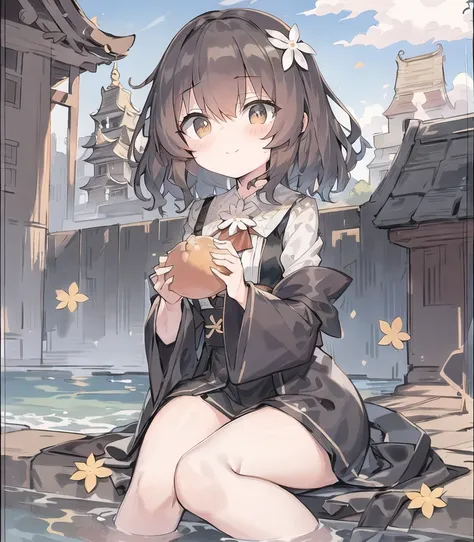 masterpiece, best quality, detailed, 1girl, ringed_eyes, (grapefruit in front), (temple in the background), sitting, black kimono, light smile, bloom, sun shine, water, hair ornament, <lora:fio:0.8>