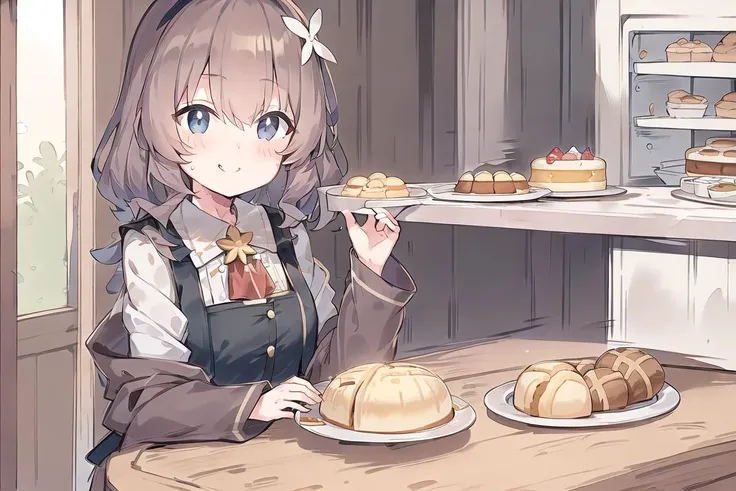 masterpiece, best quality, ((1girl, solo)), (light purple hair, long hair), blue eyes, (medium breasts), (cake pan, oven, bread basket), ((patissier uniform)), looking at viewer, smile, closed mouth, (inside bakery, kitchen, table, (cake, pastries on the table)) <lora:fio:0.8>