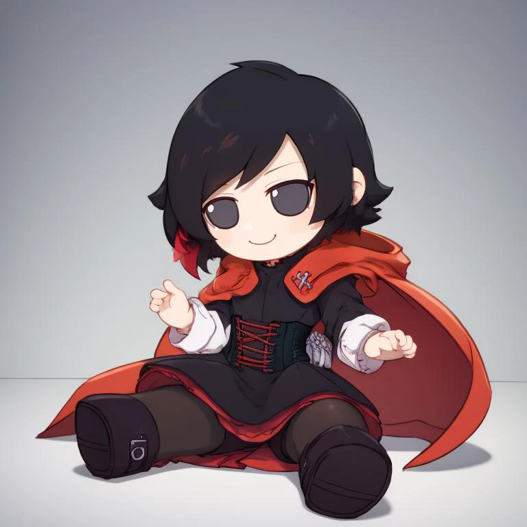 1girl, solo, masterpiece, best quality, high quality, highres, 4K, <lora:GoodHands-beta2:1>
<lora:TLart-fumo:1> chibi, fumo,
<lora:rubyRoseSeason1RWBY_v10:1> Ruby Rose, medium breasts, (silver eyes, grey eyes:0.6), gradient hair, black hair, (red hair:0.4), corset, black shirt, black dress, black skirt, red frills, long sleeves, (red cape:1.2), pantyhose, boots, smile,