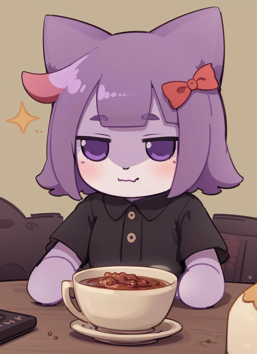 highest quality, best quality, 1girl,
masunya, cat ears, (purple skin color:1.1), (hair bow:1.1), highly detailed, <lora:Masunya_masyunya_civit_V2:1>
fumo, <lora:fumo_v10:0.7>
