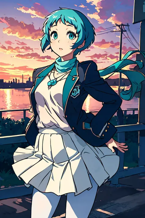 <lora:yamagishi fuuka:0.9> yamagishi fuuka, school uniform, skirt, white pantyhose, jewelry, necklace, aqua eyes, spring, jacket, windy, cloudy, early morning, dusk