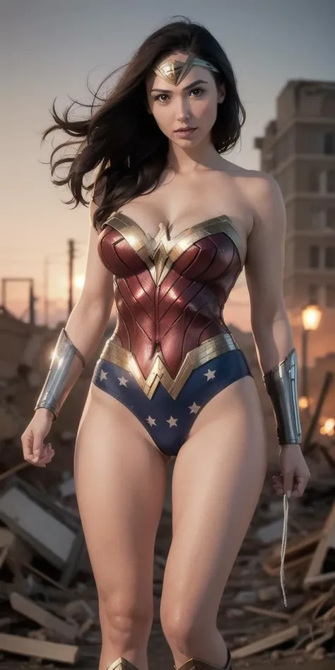 <lora:WonderWoman:0.7>, GAL GADOT, CLEAVAGE, BEAUTIFUL FACE, FACING FRONT, (LARGE BREASTS), SEXY THIGHS, THICK THIGHS, PUSSY MOUND, THICK PUSSY MOUND, 8k, best quality, real picture, intricate details, ultra-detailed, ultra highres, depth field,(photorealistic,realistic:1.2), masterpiece, photo of 1girl, wonder woman, american, armor, leotard, cleavage, superhero, standing, powerful, realistic, blue eyes, black hair, lips, makeup, long hair, makeup, solo, destruction, ((ruined city background)), RUBBLE, best quality, realistic, photorealistic, (intricate details:1.2), (delicate detailed), (cinematic light), clear line, sharp focus, realistic face, detailed face, ((facing front)), full body, full view, sexy thighs, THICK THIGHS, large breasts, cleavage, TIED UP