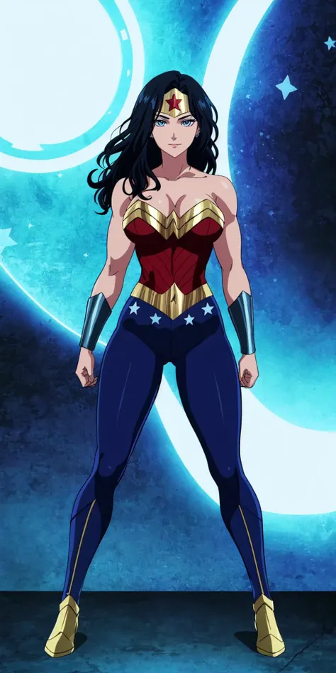 masterpiece, high quality, best quality, 1girl, solo, (muscular female:1.0), (super gigantic breasts:1.0), (closed mouth, half smile), wonder woman, black hair, long hair, blue eyes, tiara, unitard, blue leggings, red boots, jewelry, star \(symbol\), bare shoulders, cleavage, makeup, superhero, anime screencap, anime key visual, (fully clothed:1.0), full body <lora:WonderWoman:1.0>