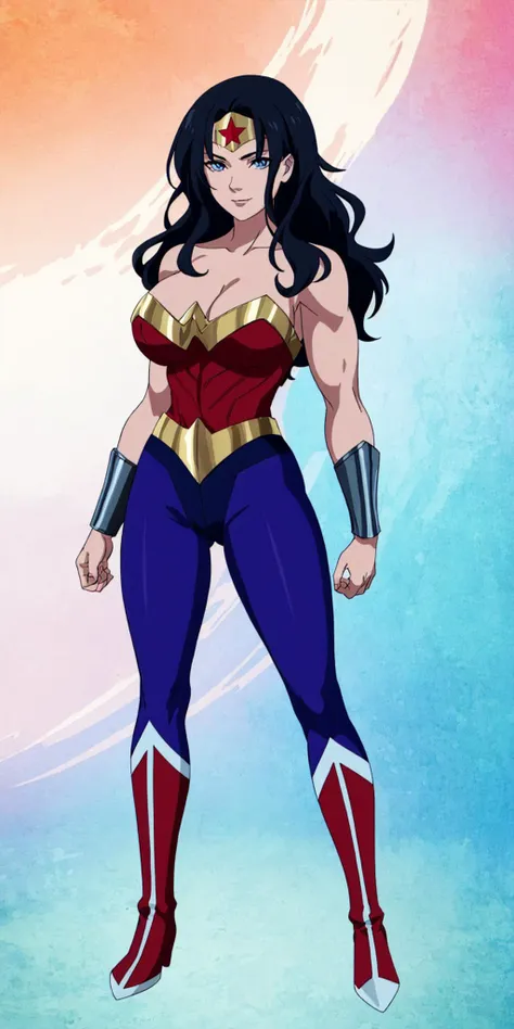 masterpiece, high quality, best quality, 1girl, solo, (muscular female:1.0), (super gigantic breasts:1.0), (closed mouth, half smile), wonder woman, black hair, long hair, blue eyes, tiara, unitard, blue leggings, red boots, jewelry, star \(symbol\), bare shoulders, cleavage, makeup, superhero, anime screencap, anime key visual, (fully clothed:1.0), full body <lora:WonderWoman:1.0>