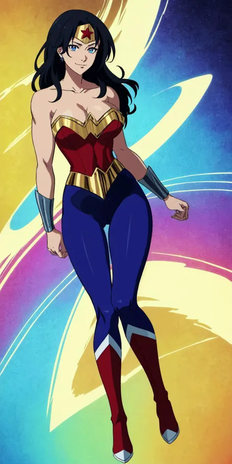 masterpiece, high quality, best quality, 1girl, solo, (muscular female:1.0), (super gigantic breasts:1.0), (closed mouth, half smile), wonder woman, black hair, long hair, blue eyes, tiara, unitard, (blue leggings:1.25), red boots, jewelry, star \(symbol\), bare shoulders, cleavage, makeup, superhero, anime screencap, anime key visual, (fully clothed:1.0), full body <lora:WonderWoman:1.0>