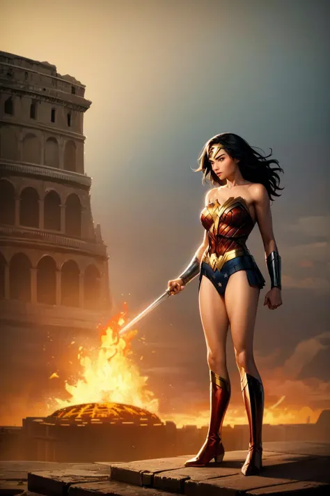 masterpiece, best quality, 1girl, wonder woman, solo, leotard, boots, powerful, superhero, burning sky, colosseum background, ancient greece background  <lora:WonderWoman:1>